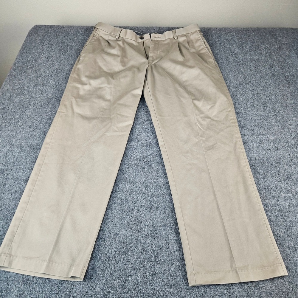 Haggar Premium No Iron Khaki Pants Mens 36x29 Classic Fit Pleated Tan Chinos